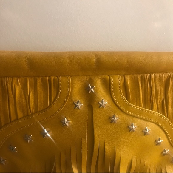 JIMMY CHOO INA NAPPA FRINGED MUSTARD YELLOW LEATHER CLUTCH (AUTHENTIC) - Picture 7 of 12